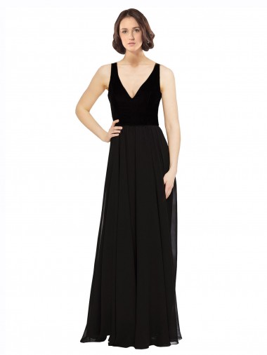 Low Cost Stretch Velvet and Chiffon Prom Dress with V-Neckline