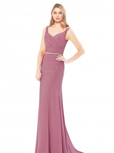 Low Cost Long Slim Chiffon Prom Dress with Beaded Waist
