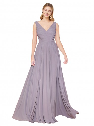 Low Cost Draped Floor Length High Neck V-Back Chiffon Prom Dress with Shirred Bodice
