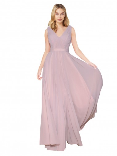 Low Cost Draped V-Neck Long Chiffon Prom Dress with Shirred Bodice