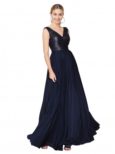 Low Cost High Neck V-Neck Long Chiffon Prom Dress with Sequin Top