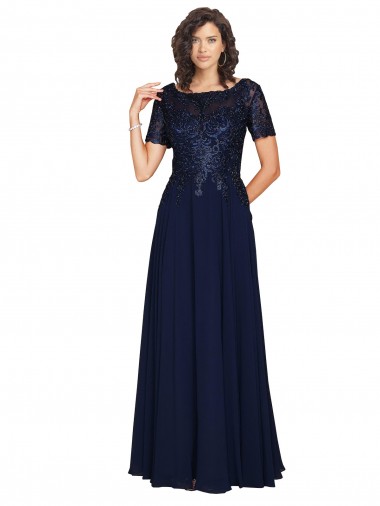 Low Cost Short Sleeves A-Line Long Chiffon Prom Dress with Beaded Bodice