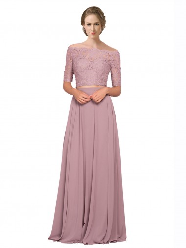 Low Cost Off the Shoulder Lace Crop Top A-Line Chiffon Prom Dress