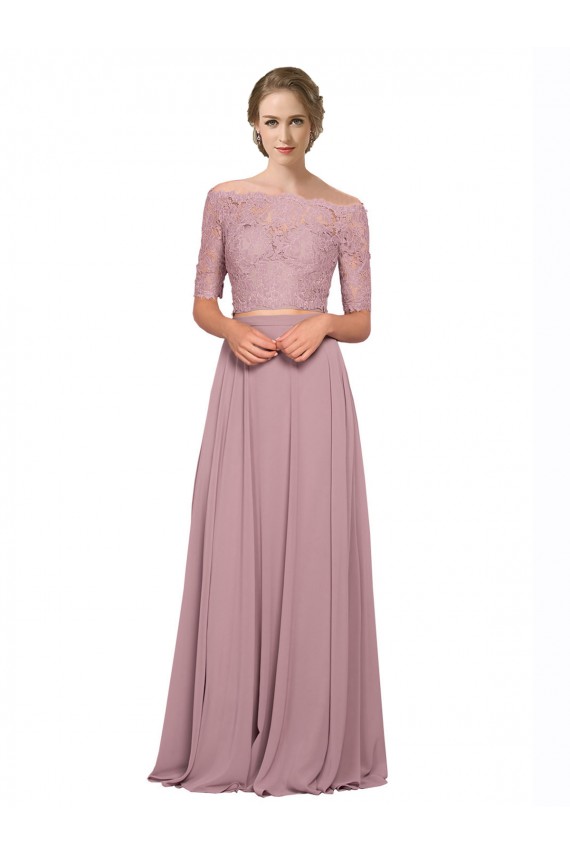 Off the Shoulder Lace Crop Top A-Line Chiffon Prom Dress