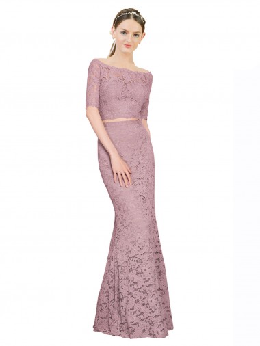 Low Cost Short Sleeves Crop Top Mermaid Lace Prom Dress