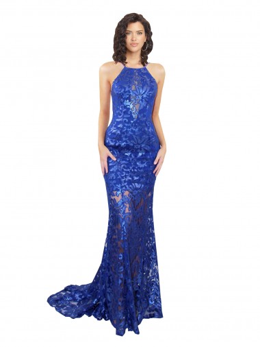 Low Cost High Neck Long Open Back Lace Prom Dress with Train