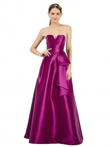 Low Cost Sleeveless V-Neck Long Satin Prom Dress with Bow Waist