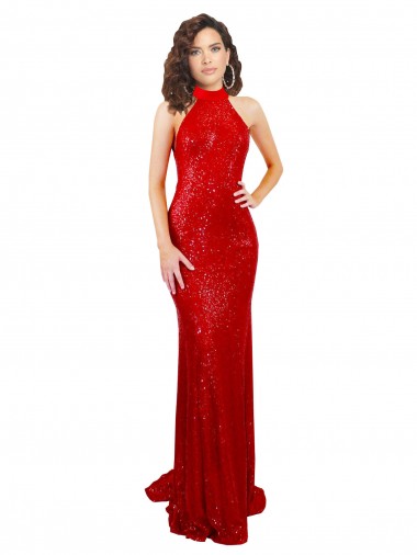 Low Cost Halter High Neck Mermaid Open Back Sequin Prom Dress