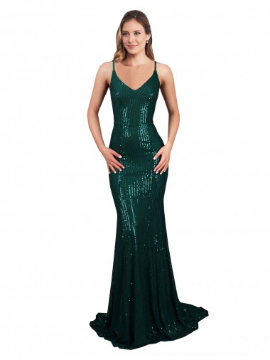 Low Cost Fishtail Shaped V-Neck Open Back Long Sequin Prom Dress