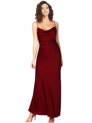 Low Cost Cowl Neck Low Back Silky Satin Prom Dress with Thin Back Straps