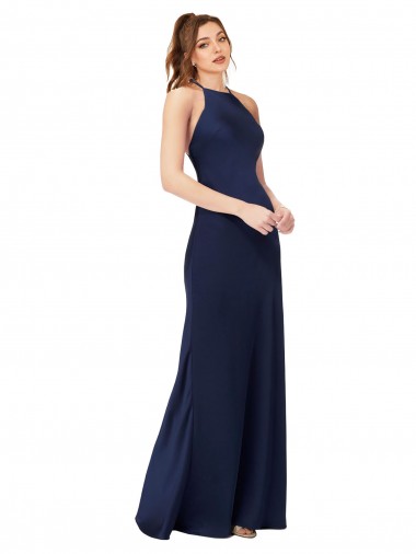 Low Cost High Neck Satin Prom Dress with Strappy Back