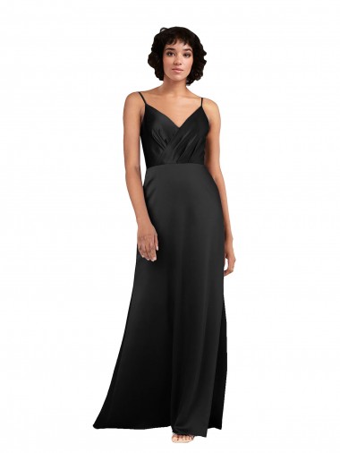 Low Cost Full Length V-Neckline Silky Satin Prom Dress with Spaghetti Straps