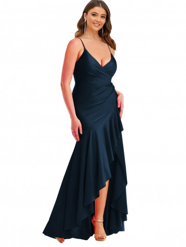 Low Cost Pleated Wrap Ruffled High Low Silky Satin Prom Dress