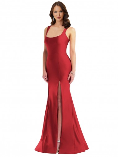 Low Cost Square Neck Silky Satin Mermaid Prom Dress with Side Slit