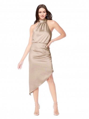 Low Cost Silky Satin High Low Midi Length Cocktail Prom Dress / Homecoming Dress with Asymmetric Skirt