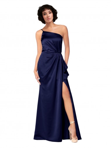 Low Cost One Shoulder Silky Satin Prom Dress with Skirt Slit