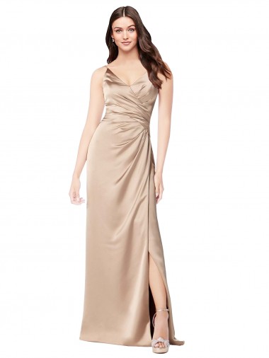 Low Cost Silky Satin Prom Dress with Draped Surplice Bodice