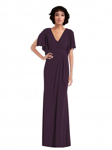 Low Cost Faux Wrap Split Sleeves Maxi Spandex Prom Dress with Cascade Skirt
