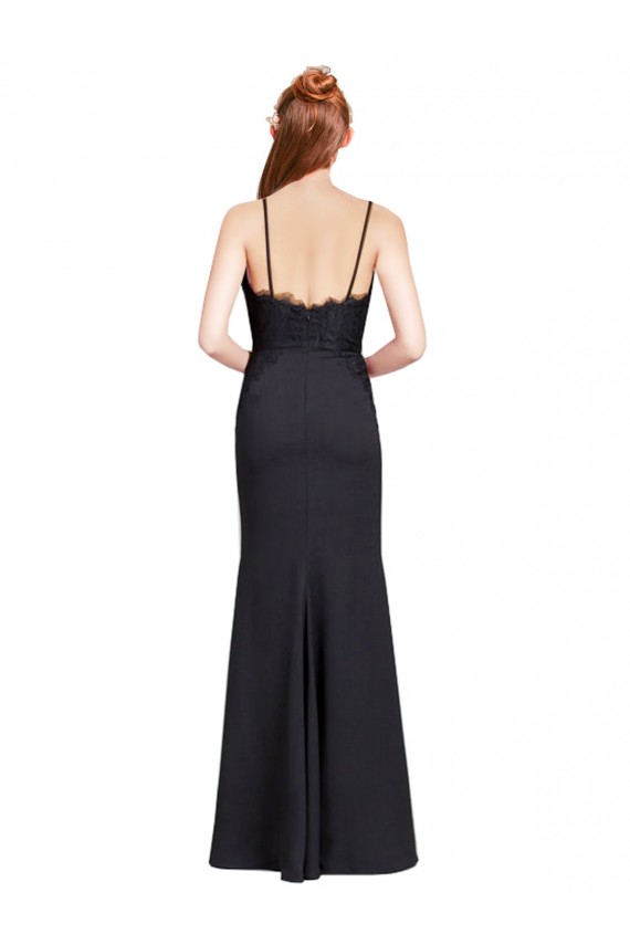 Long Chiffon Prom Dress with Lace Bodice and Curved V-Neckline