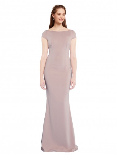 Low Cost Boat Neck Cap Sleeve Crepe Prom Dress with Plunging Tie Back