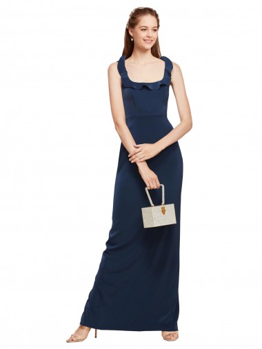 Low Cost Scoop Neck with Ruffles Long Crepe Prom Dress with Back Slit