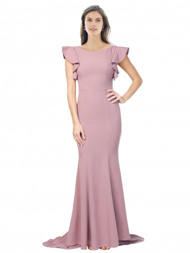 Low Cost Flutter Sleeves Low V-Back High Round Neck Crepe Prom Dress