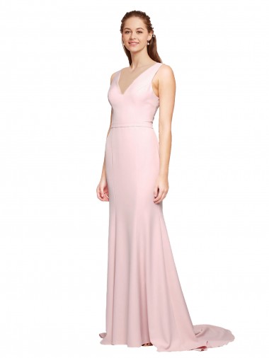 Low Cost Deep V-Neckline and Back Long Sweep Train Crepe Prom Dress with Shoulder Straps