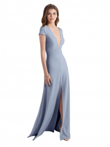 Low Cost Plunging V-Neck Cap Sleeves Stretch Crepe Prom Dress with Front Slit