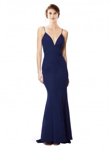 Low Cost Deep V-Neck Spaghetti Straps Mermaid Crepe Prom Dress