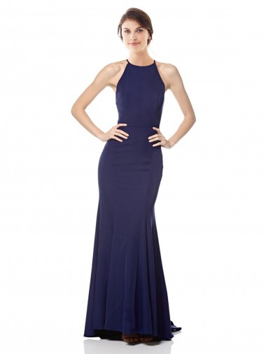 Low Cost High Neck Fishtail Crepe Prom Dress with Open Back Detail
