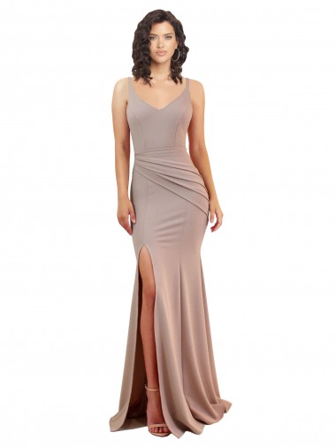 Low Cost Fishtail Shape V-Neck Crepe Prom Dress with Slit