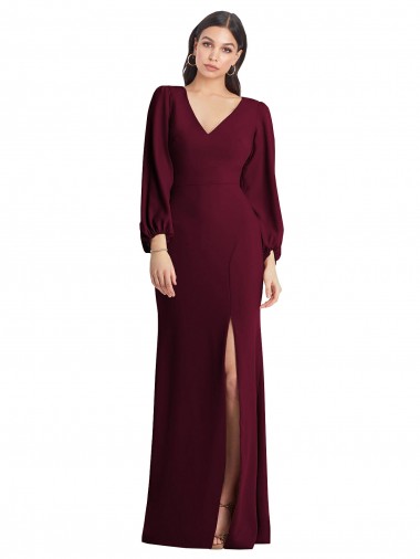 Low Cost Long Puff Sleeve V-Neck Trumpet Maxi Prom Dress