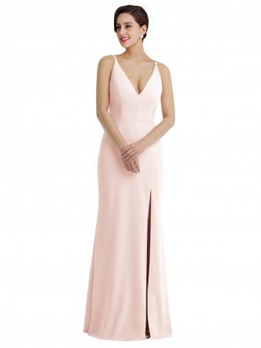 Low Cost Skinny Strap Deep V-Neck Trumpet Crepe Prom Dress with Front Slit