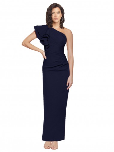 Low Cost Ruched Floor Length Long Crepe Prom Dress with Shoulder Ruffles