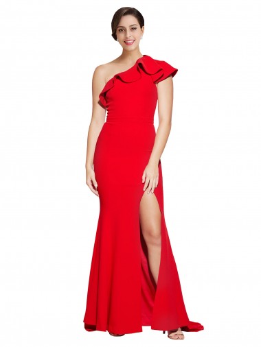 Low Cost One Shoulder Long Sweep Train Crepe Prom Dress with Thigh High Split