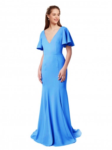 Low Cost Short Sleeves Long V-Neck Crepe Prom Dress with V-Back