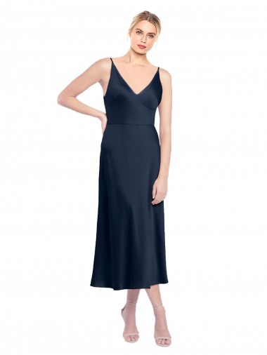 Low Cost V-Neck Midi Length Short Stretch Satin Cocktail Prom Dress / Homecoming Dress V-Back