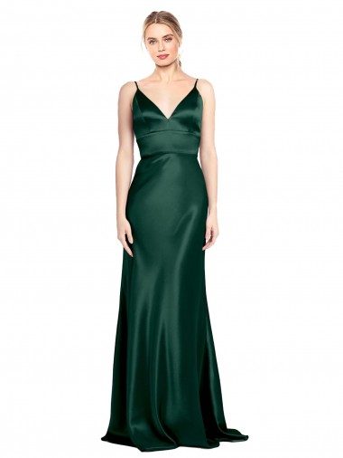 Low Cost High V-Neck Long Full Length Sheath Stretch Satin Prom Dress