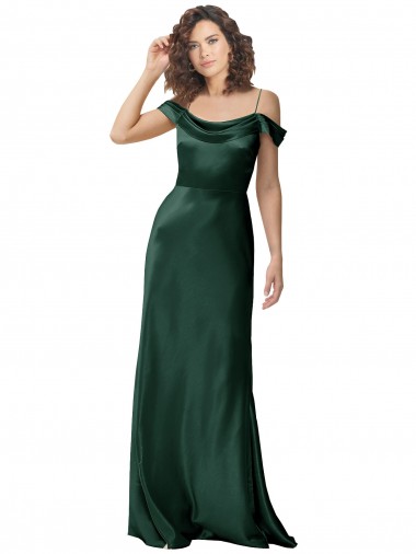 Low Cost Off the Shoulder Sleeves Long Stretch Satin Prom Dress with Pleated Draped Neckline