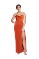 Front Cowl Neck Long Floor Length Stretch Satin Prom Dress with High Side Split