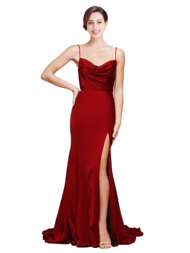 Low Cost Cowl Front Neck Sweep Train Stretch Satin Prom Dress with High Side Split