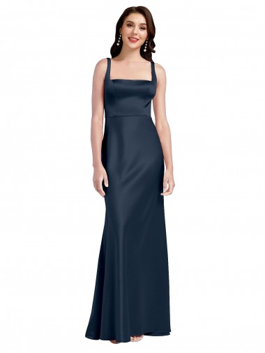 Low Cost Square Neck A-Line Long Stretch Satin Prom Dress with Wide Straps