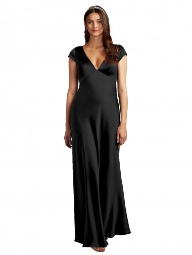 Low Cost Plunging V-Neck Cap Cleeves Long Stretch Satin Prom Dress with Keyhole Back