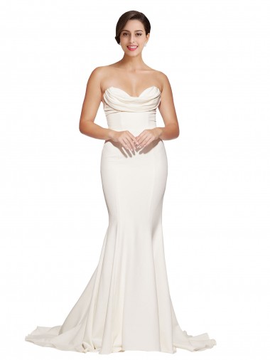 Low Cost Strapless Cowl Neck Sweep Train Stretch Satin Prom Dress