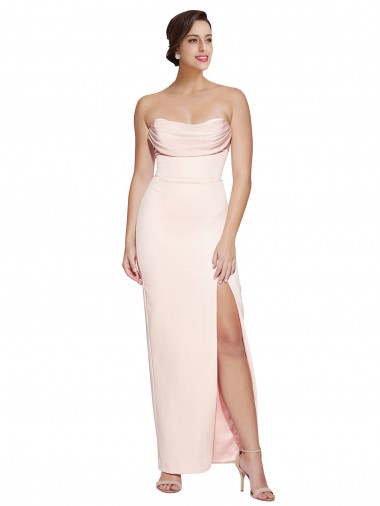 Low Cost Cowl Neck Strapless Stretch Satin Prom Dress with High Split