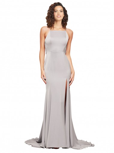 Low Cost High Neck Low Back Long Full Length Stretch Satin Prom Dress