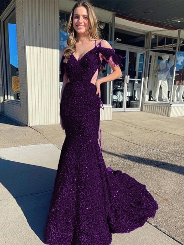 Low Cost Cold Shoulder Sleeveless Long Court Train Velvet Sequin Prom Dress