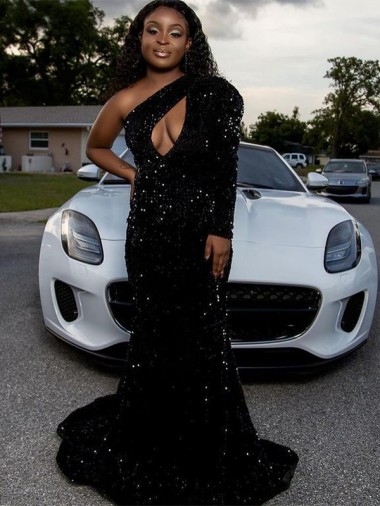 Low Cost One Shoulder Long Sleeves Long Sweep Train Velvet Sequin Prom Dress