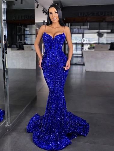 Low Cost Mermaid Spaghetti Straps Sleeveless Long Sweep Train Velvet Sequin Prom Dress