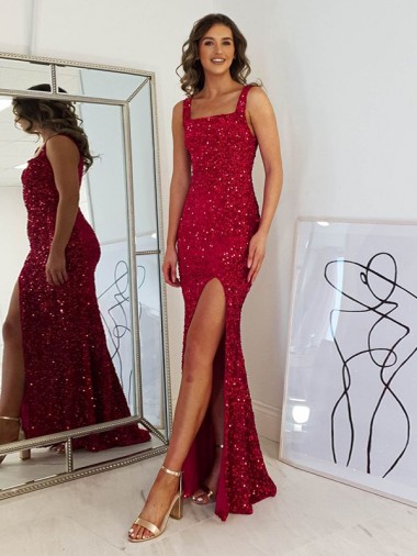 Low Cost Square Neck Sleeveless Long Velvet Sequin Prom Dress with Slit